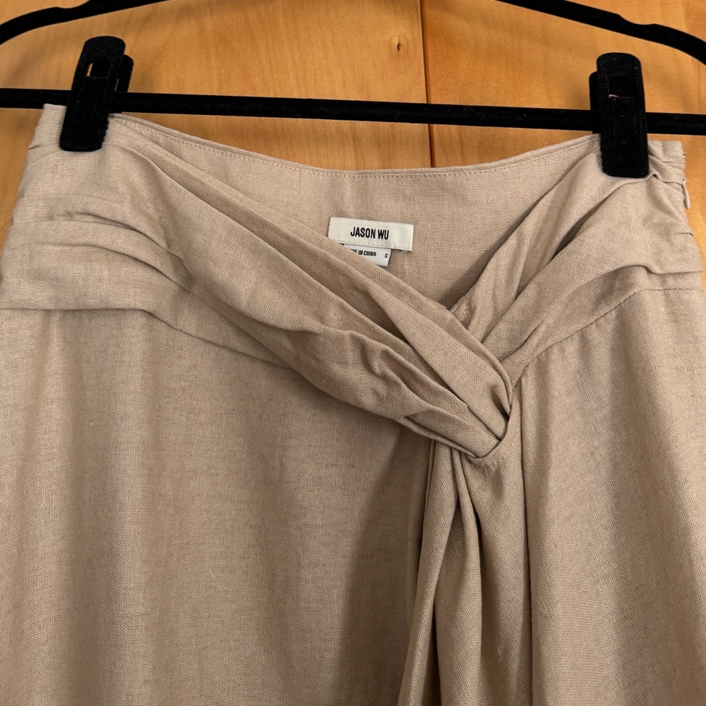 Jason Wu Embroidered Eyelet tan front ruffle handkerchief faux-wrap linen skirt - Picture 5 of 9